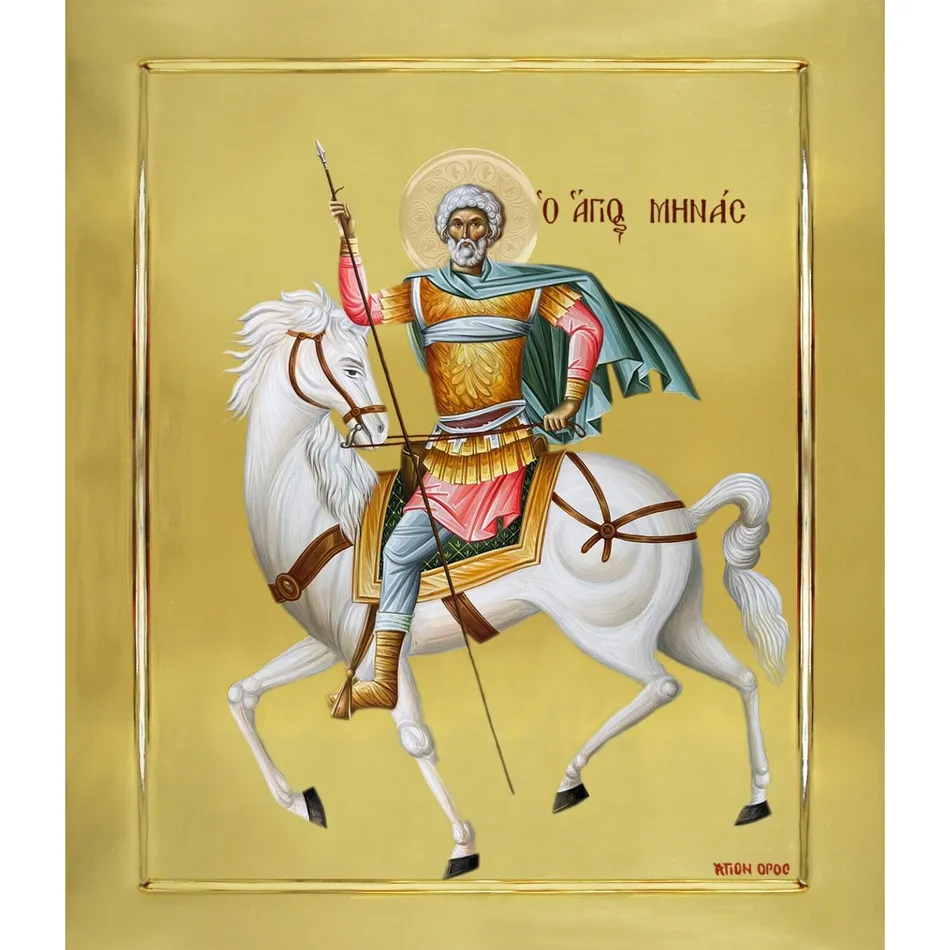 Saint Minas, Hand-Painted Icon with Gilding polished with Embossed Halo