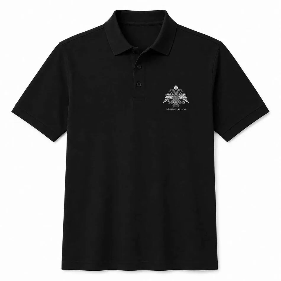 Men’s Black Polo with Embroidered Mount Athos Double-Headed Eagle