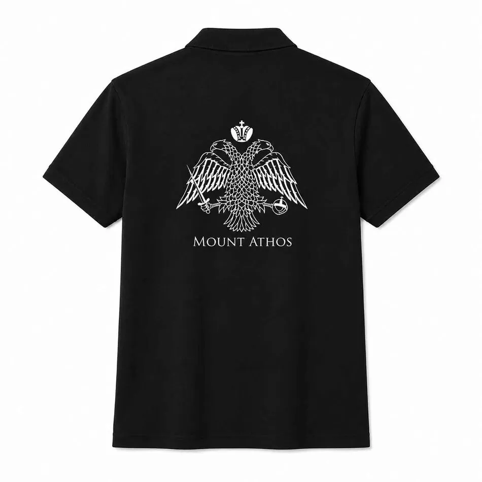 Men’s Black Polo with Embroidered Mount Athos Double-Headed Eagle