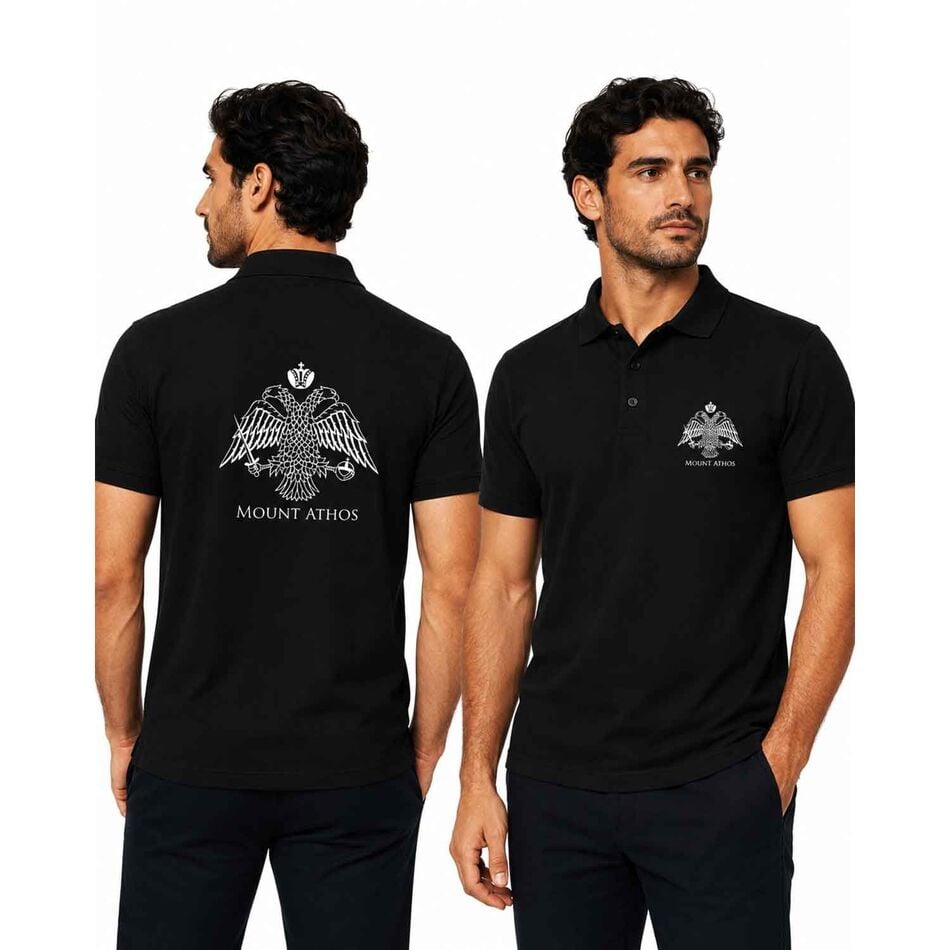 Men’s Black Polo with Embroidered Mount Athos Double-Headed Eagle - XLarge