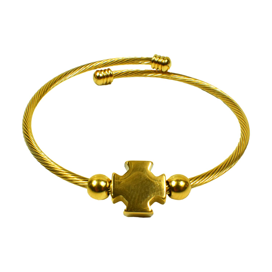 Open Cuff Bangle with Byzantine Cross in Gold Tone