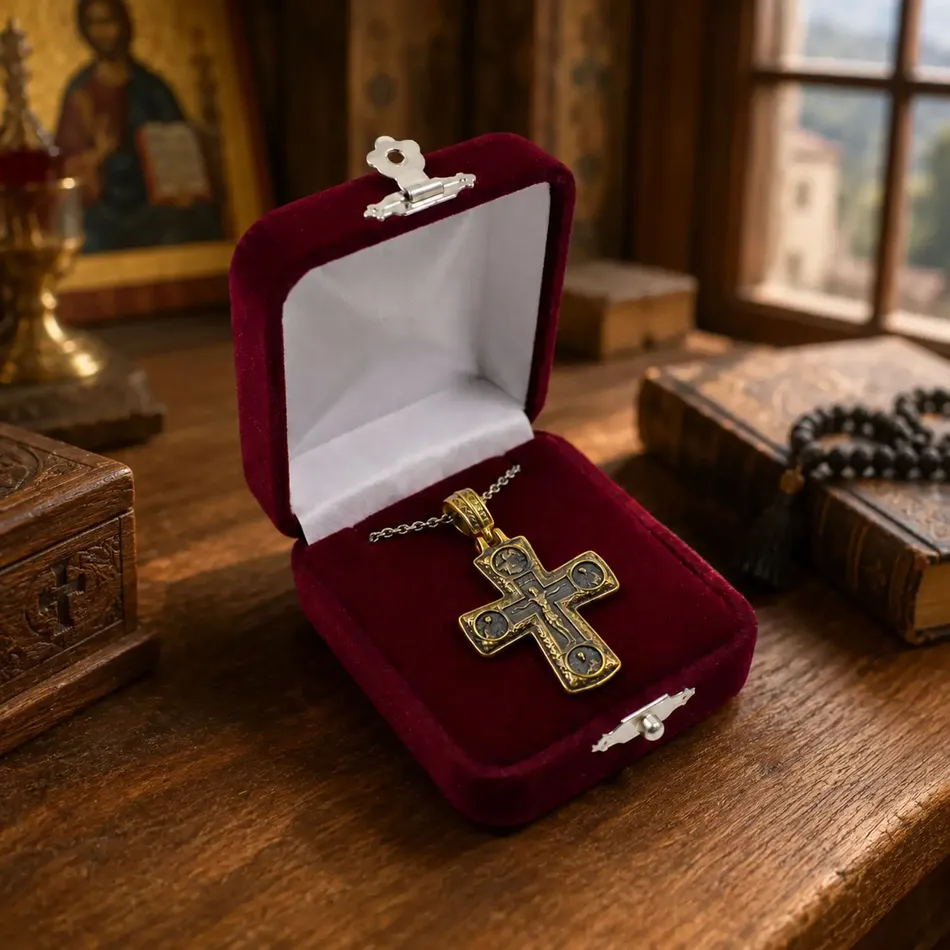 Double-Sided Orthodox Stainless Steel Cross Pendant with Chain – Crucifixion & Holy Virgin Mary