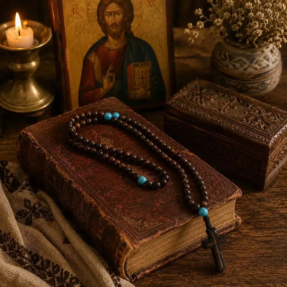 Mount Athos Prayer Rope With 100 Ηowlite Beads and Cross with Μacramé Βraiding