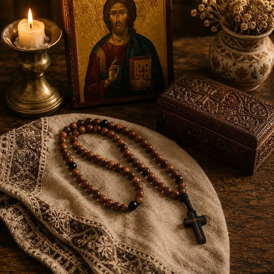 Orthodox Prayer Rope with 100 Wooden Beads and Cross with Macrame Braided