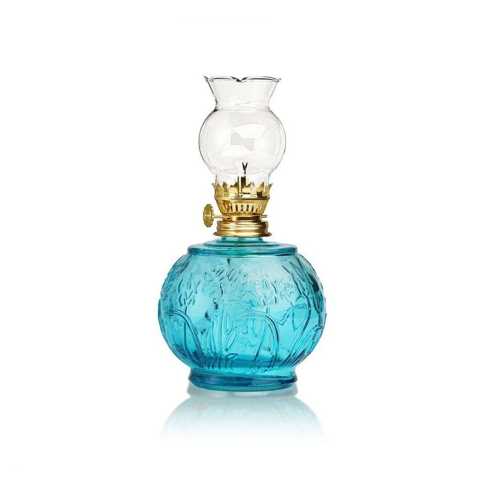 Blue Glass Paraffin Oil Lamp with Floral Design – 500 ml -16.9 fl oz