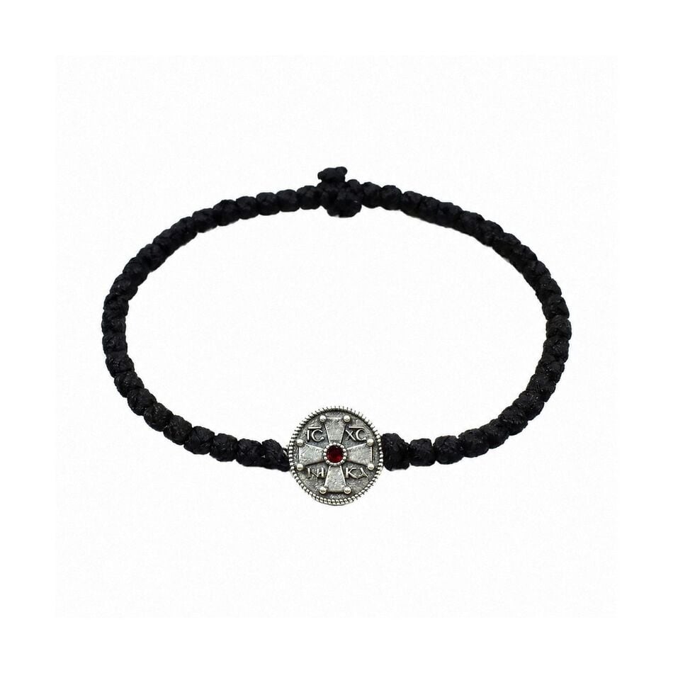 Black Prayer Rope Bracelet with 925 Sterling Silver Byzantine Cross Medallion & Red Stone