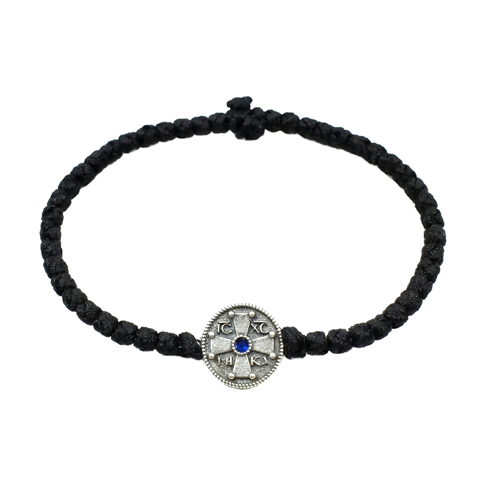 Black Prayer Rope Bracelet with 925 Sterling Silver Byzantine Cross Medallion & Blue Stone