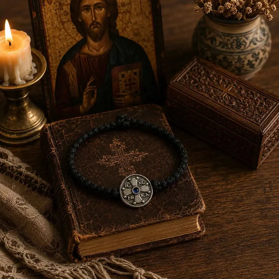Black Prayer Rope Bracelet with 925 Sterling Silver Byzantine Cross Medallion & Blue Stone