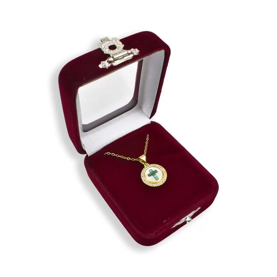 Gold-Tone Steel Pendant with Abalone Cross and Zirconia