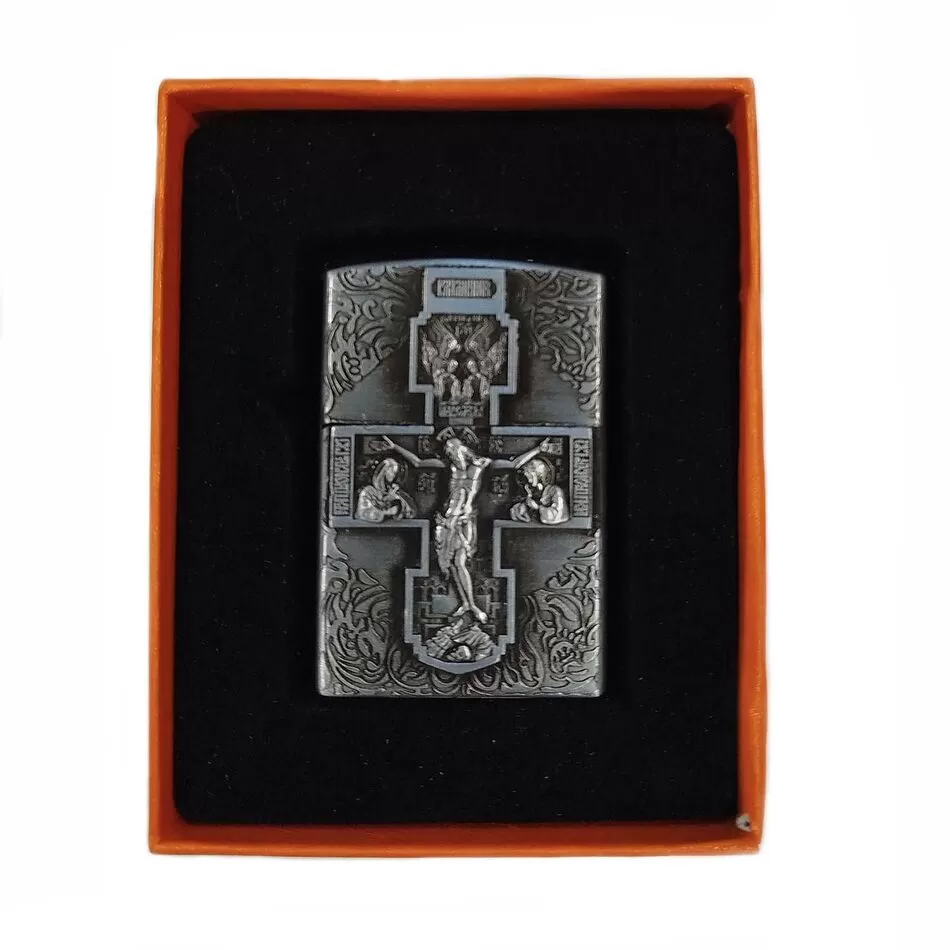 Μεταλλικός Αναπτήρας με Ανάγλυφη Βυζαντινή Παράσταση της Σταύρωσης του Κυρίου