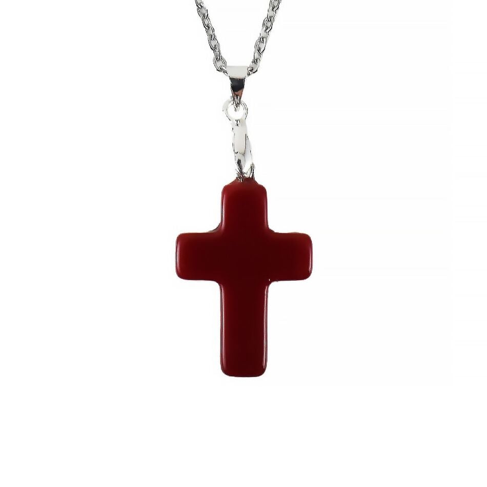 Cross with Reconstituted Coral and Silver-Colored Stainless Steel Chain 45cm