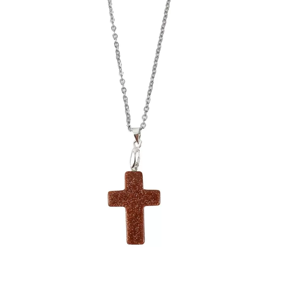Cross with Brown Goldstone and Stainless Steel Chain in Silver Color 45cm