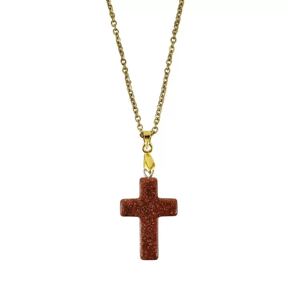 Cross with Brown Goldstone and Stainless Steel Chain in Gold Color 45cm
