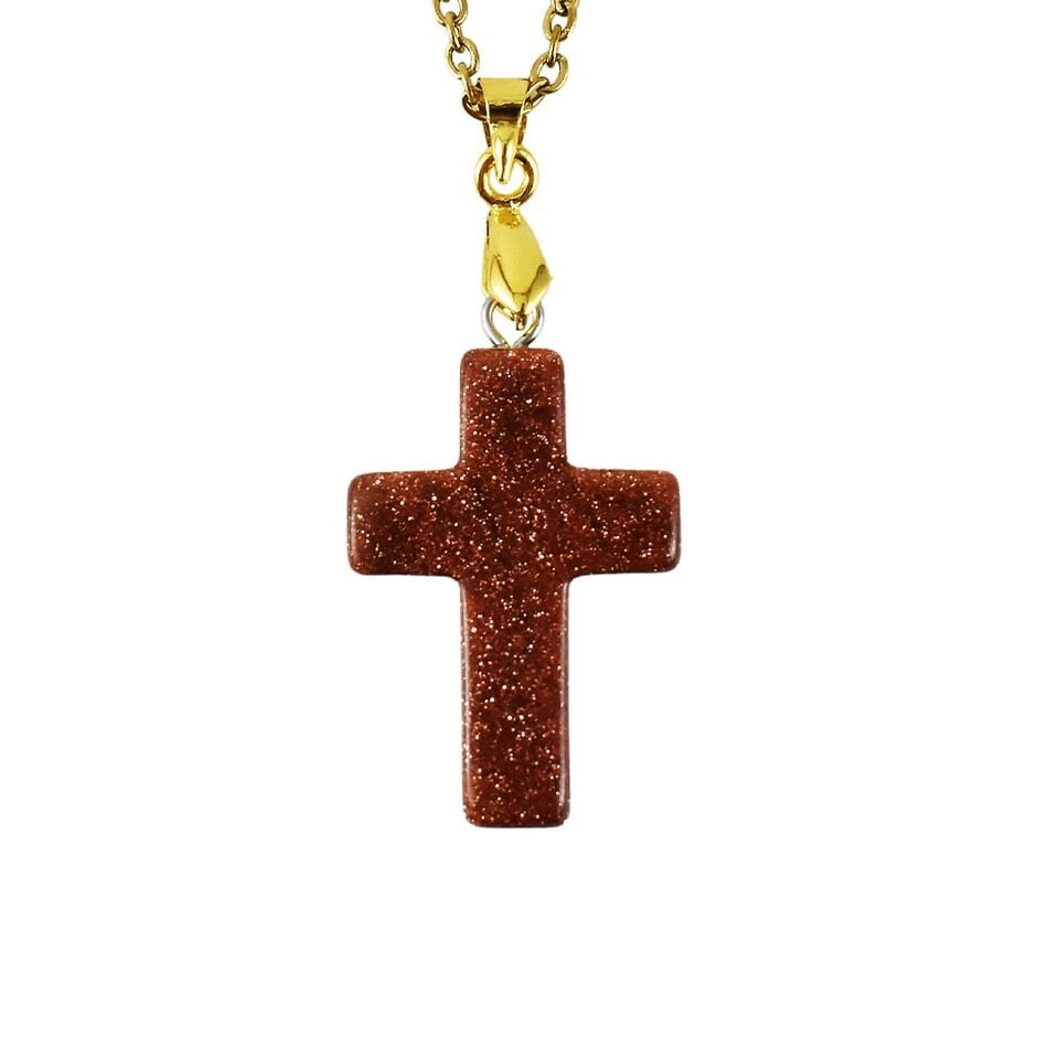 Cross with Brown Goldstone and Stainless Steel Chain in Gold Color 45cm