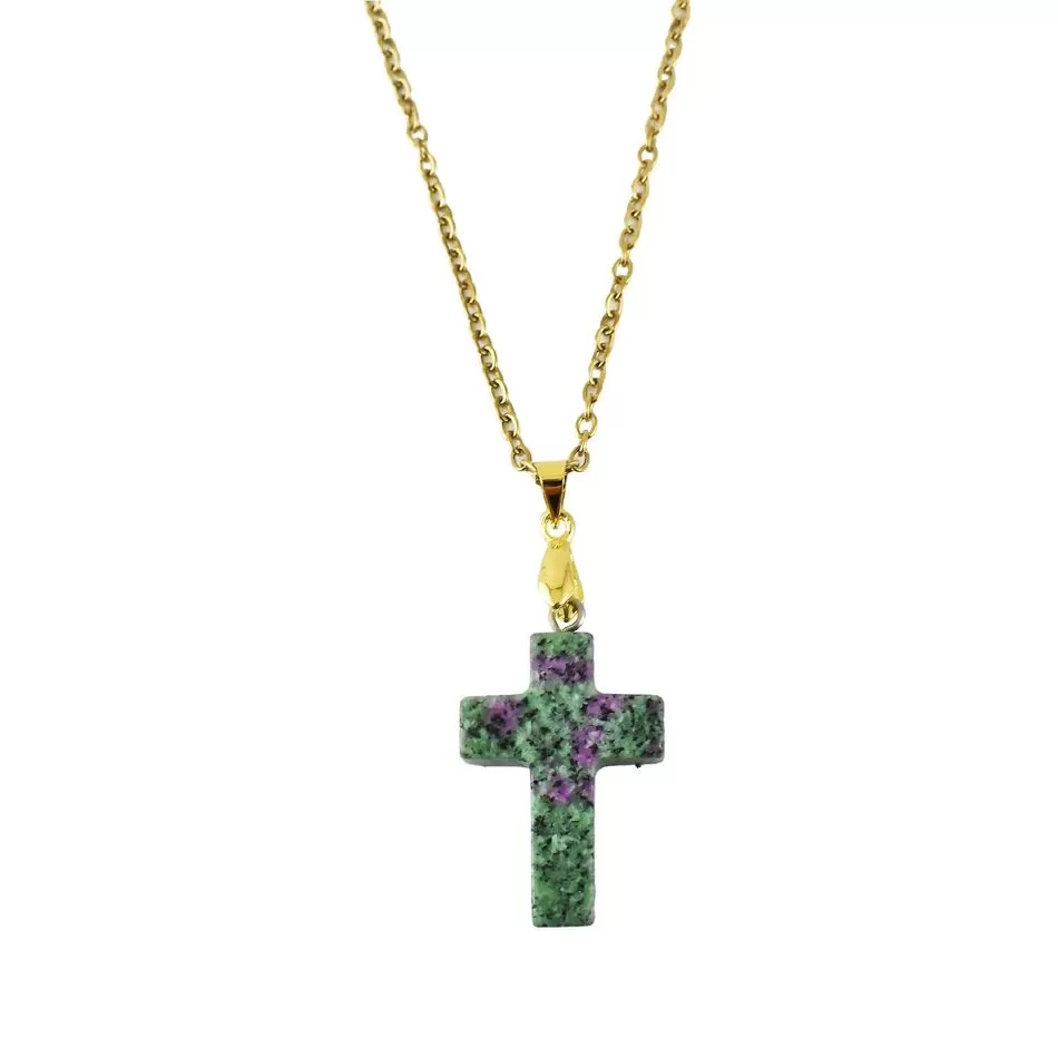 Cross with Zoisite and Gold-Colored Stainless Steel Chain 45cm