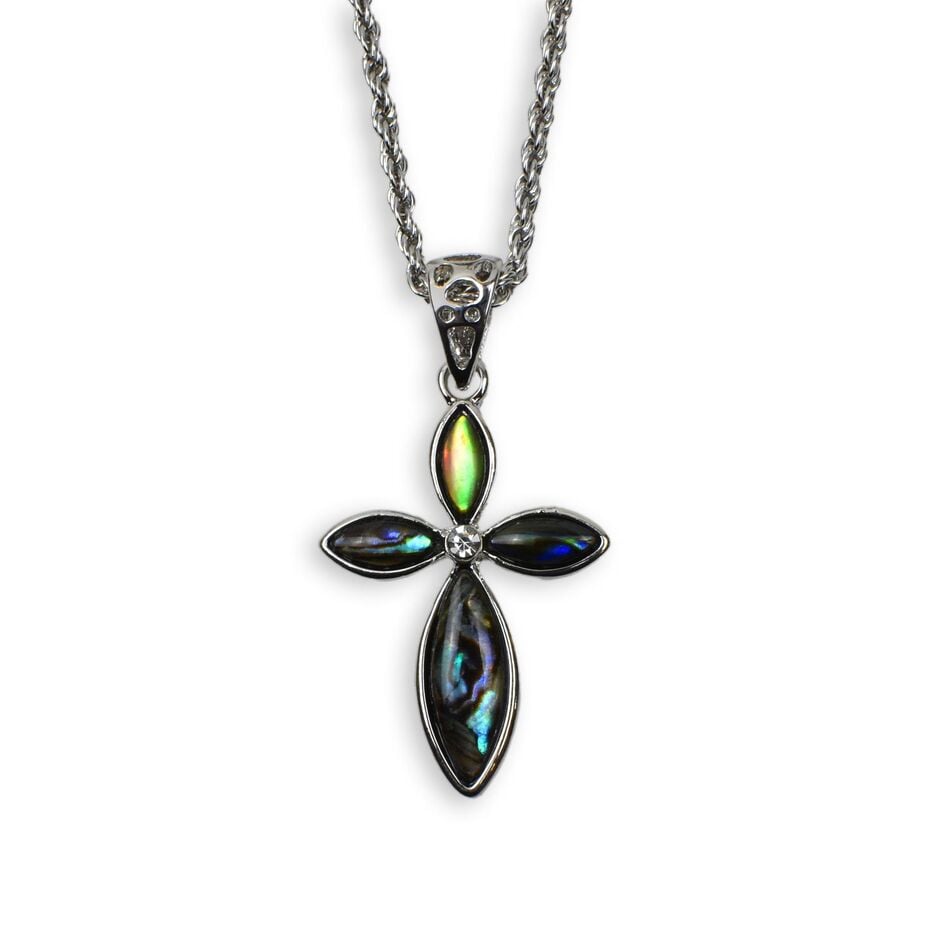 Steel Cross with Green Abalone Shell and Chain
