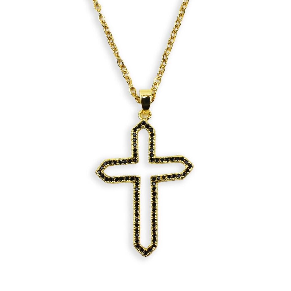 Gold-Tone Steel Open Cross with Black Zirconia and Chain