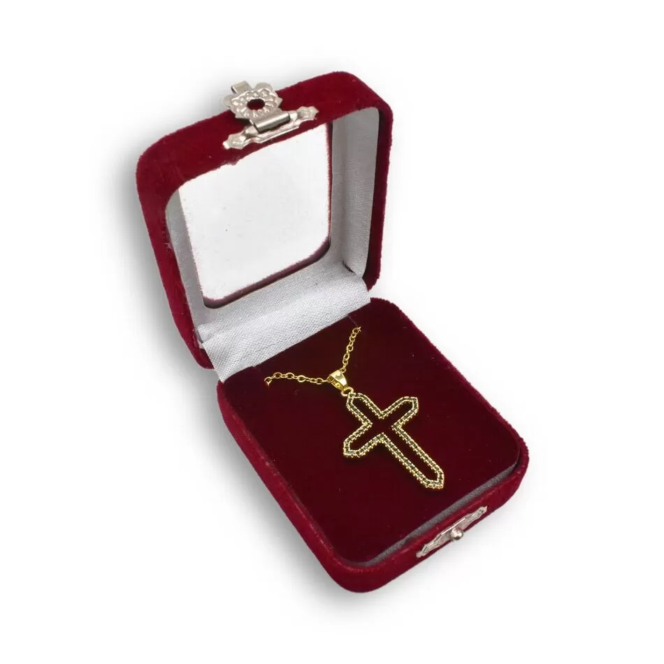 Gold-Tone Steel Open Cross with Black Zirconia and Chain