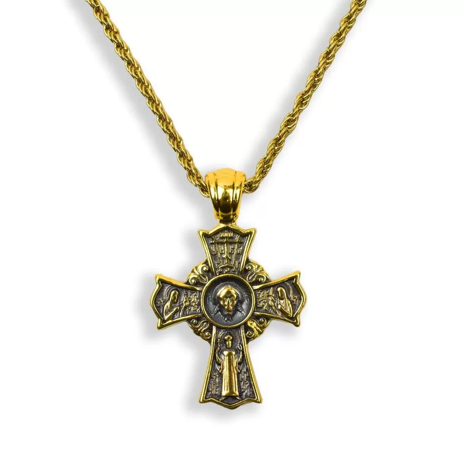Double Sided Stainless Steel Cross With Virgin Mary and Christ With Chain