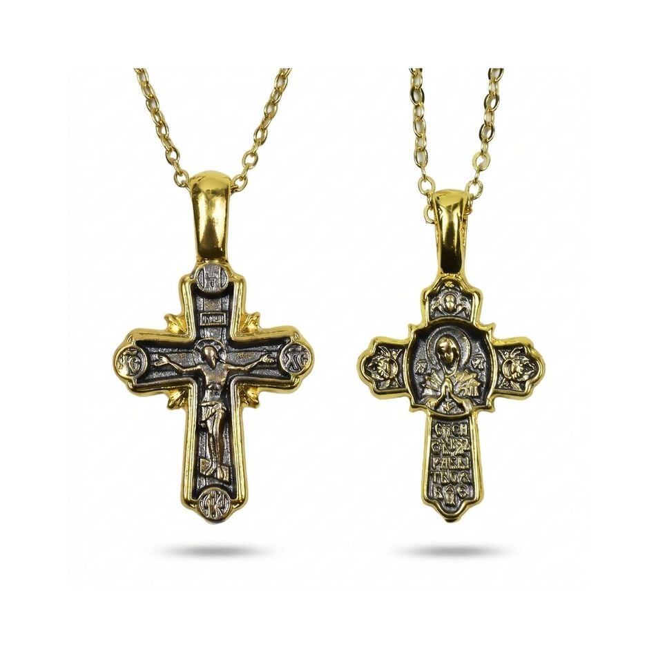 Double-Sided Cross Necklace with Chain – Holy Virgin Mary and Crucifix