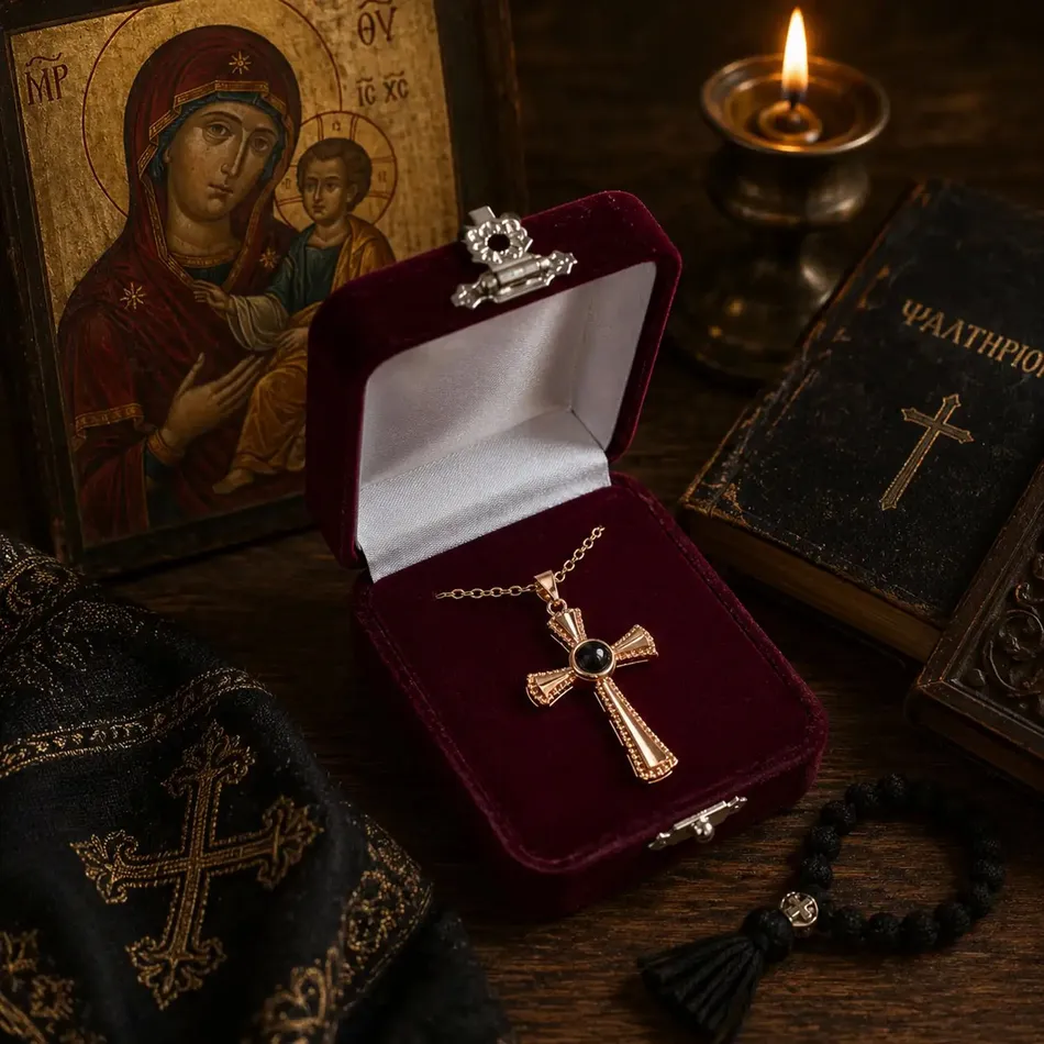 Rose Gold-Tone Steel Cross Necklace with Christ & the Virgin Mary Inside the Black Bead