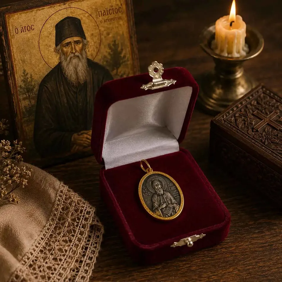 Handmade Saint Paisios Double-Sided Pendant – 24K Gold Plated 925 Sterling Silver