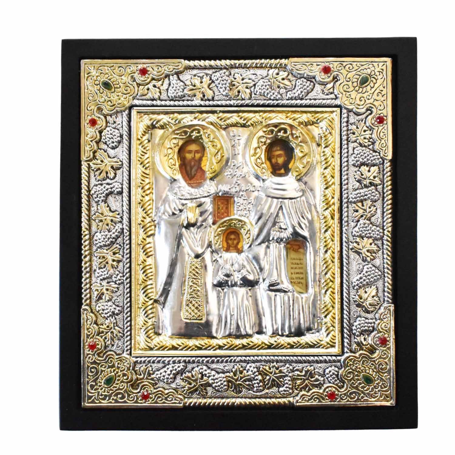 Greek Orthodox Silver-Plated Icon Sts Raphael, Nicholas, Irene