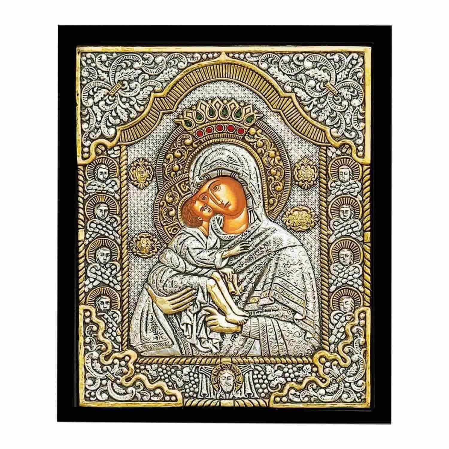 Silver-Plated Orthodox Wooden Icon Virgin Mary Glykophilousa