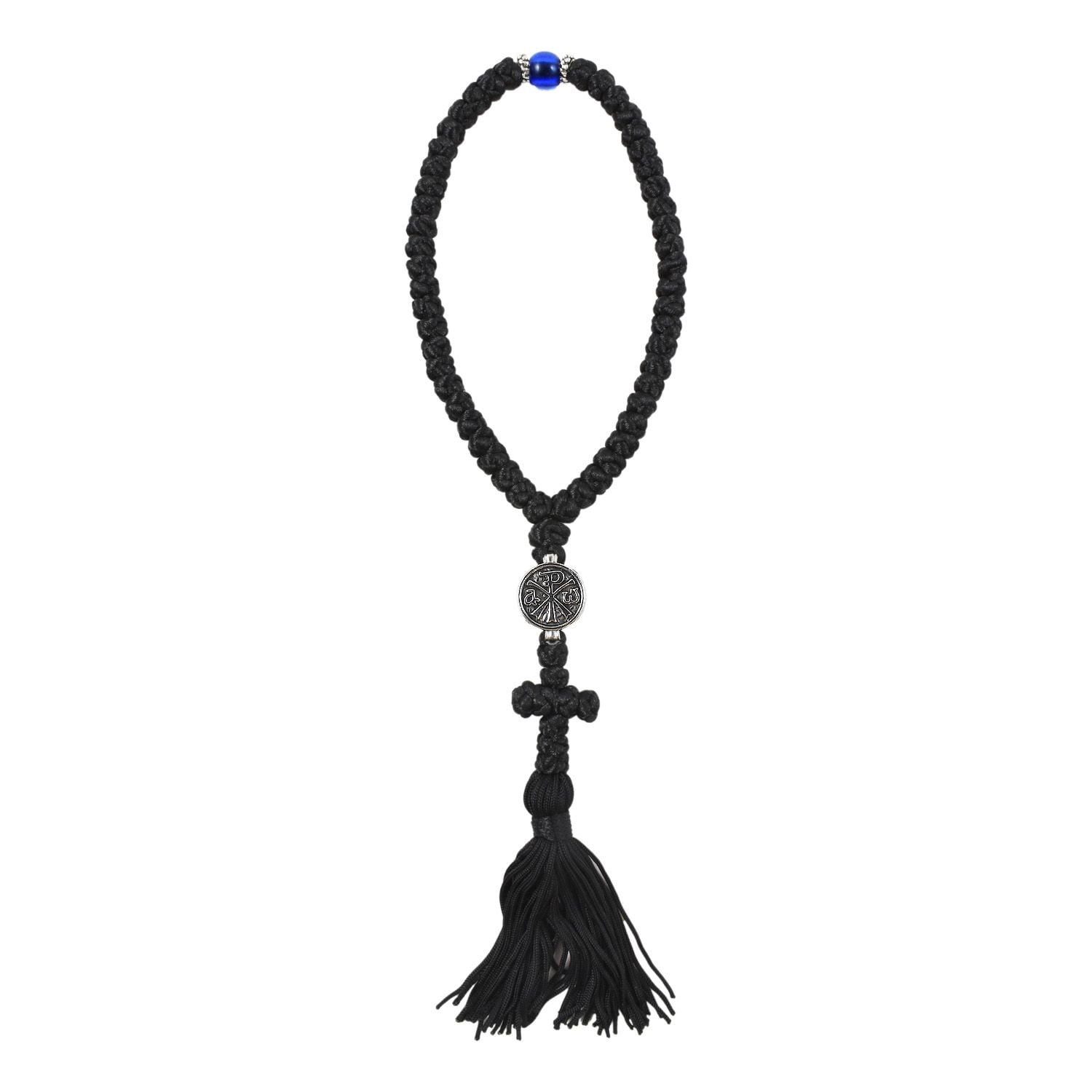 Monastic Silk Prayer Rope 50 Knots with Blue Bead and Cross