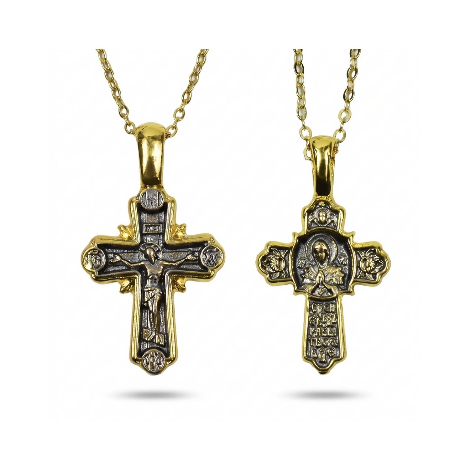 Double-Sided Cross Necklace with Chain – Holy Virgin Mary and Crucifix